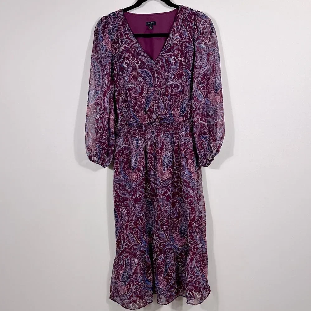 Talbots Midi Fit Flare Dress Metallic Paisley Fairy Fall Women Dress Petite 10P